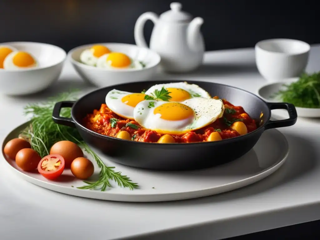 Un brunch gourmet vegano con una shakshuka vibrante y colorida en una cocina elegante