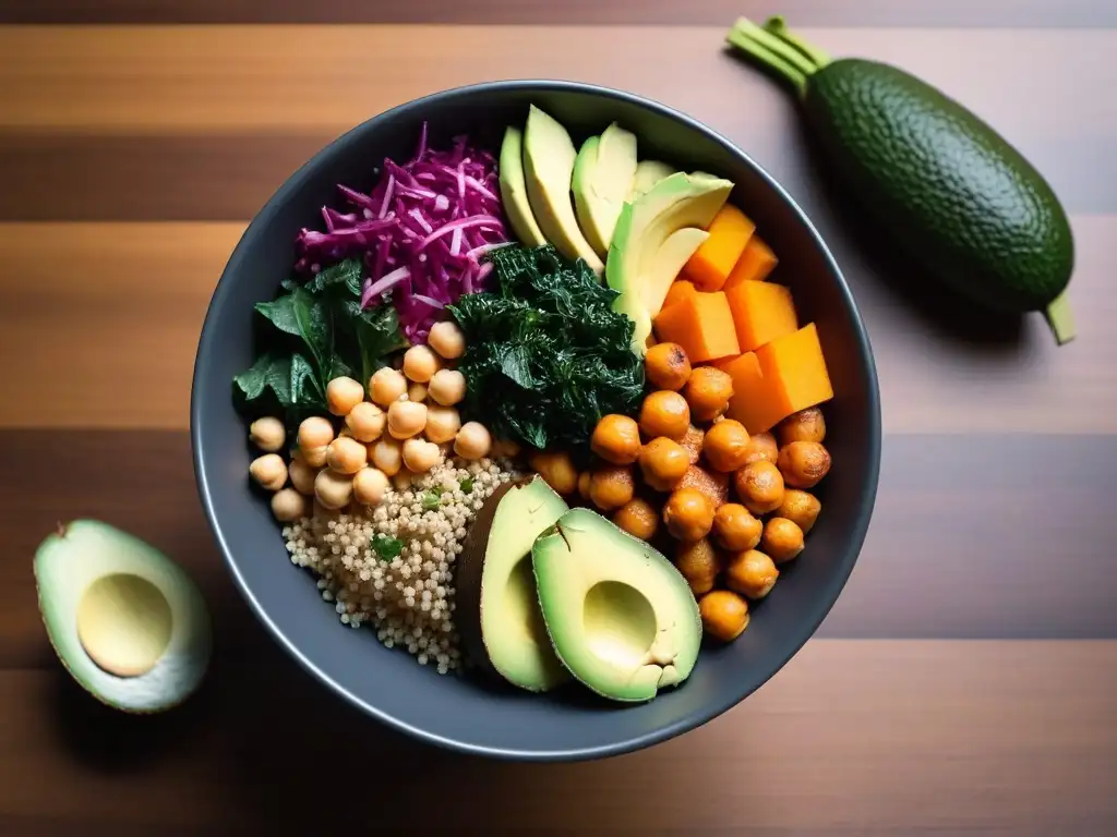 Un Buddha bowl colorido y equilibrado con ingredientes veganos nutritivos