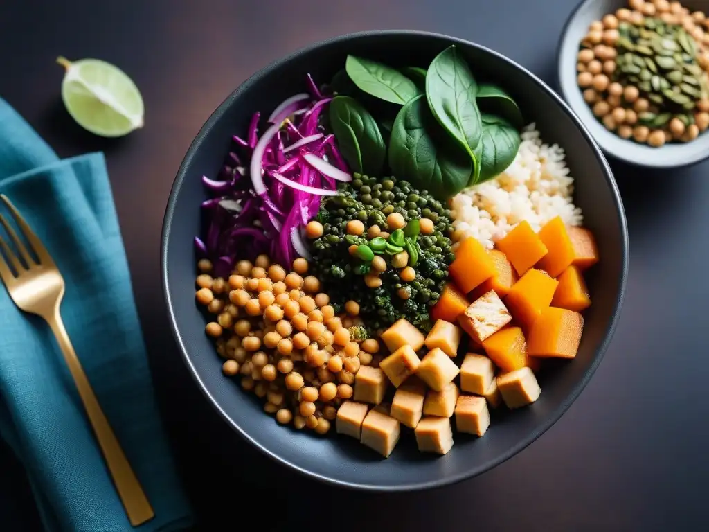 Un Buddha bowl colorido con fuentes de hierro vegano innovadoras