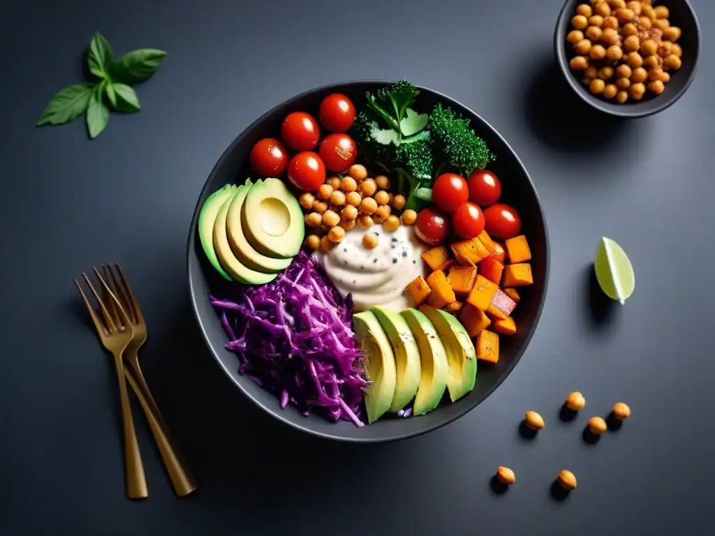 Un Buddha bowl colorido con ingredientes veganos frescos y nutritivos en un plato negro elegante