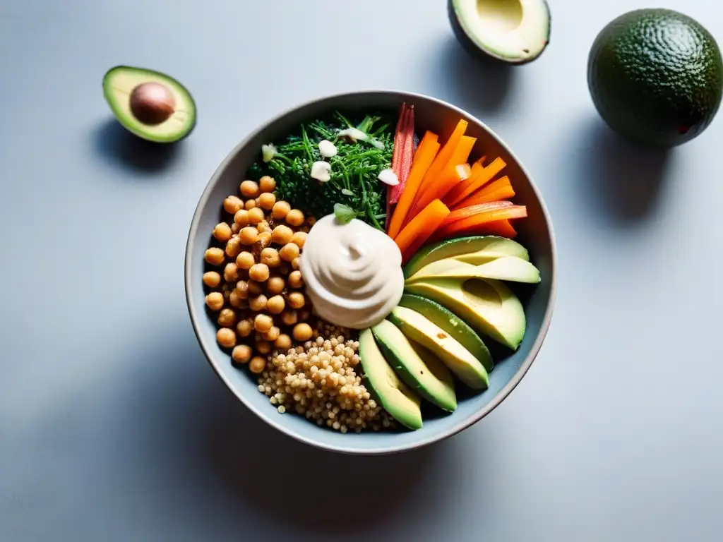 Un Buddha bowl colorido y nutritivo con ingredientes veganos, destacando la frescura y simplicidad