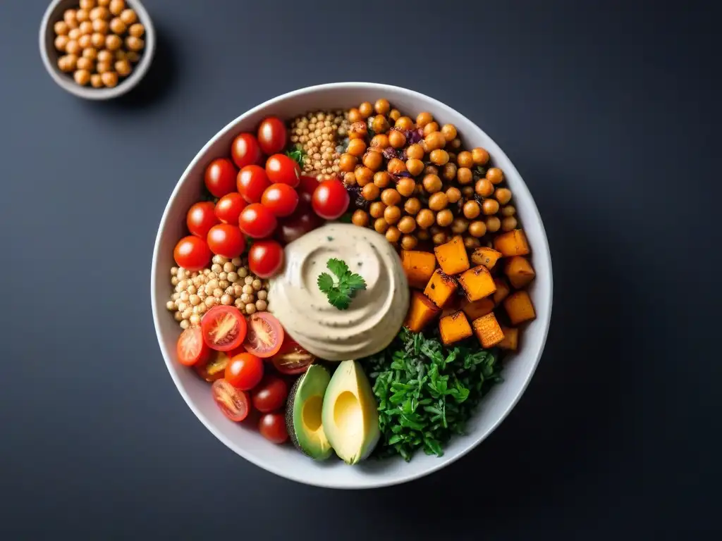 Un Buddha bowl vegano rebosante de ingredientes coloridos, capturando el espíritu de las alternativas veganas para antojos