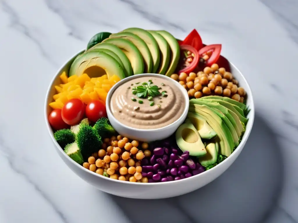 Un Buddha bowl vibrante con alternativas veganas almuerzo carne