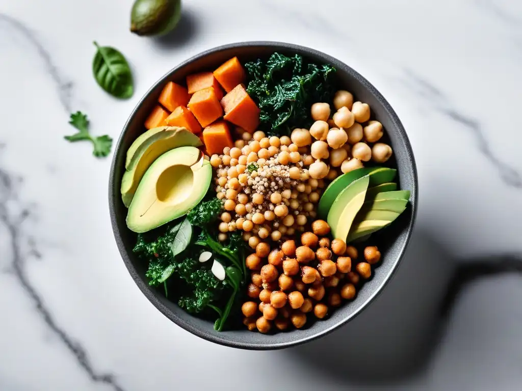 Un Buddha bowl vibrante con alternativas proteínas veganas sorprendentes, en un elegante recipiente sobre encimera de mármol