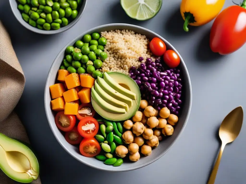 Un Buddha bowl vibrante y colorido repleto de ingredientes veganos, ideal para deportistas