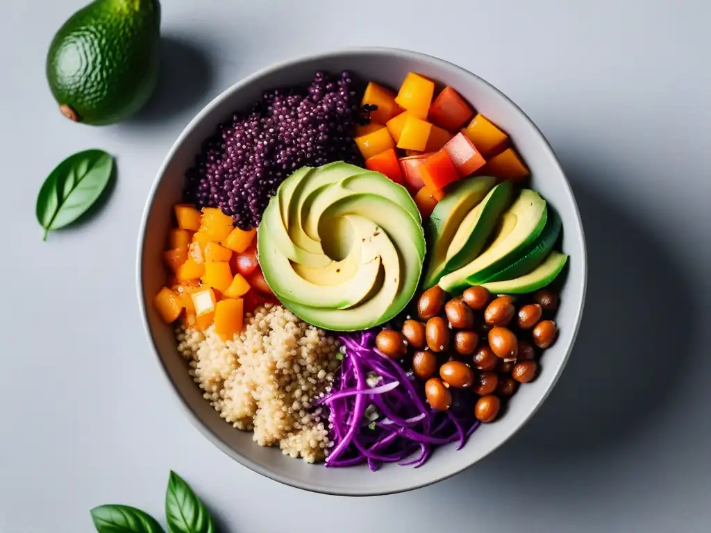 Un Buddha bowl vibrante y colorido con vegetales frescos, quinoa, aguacate y aderezo de tahini