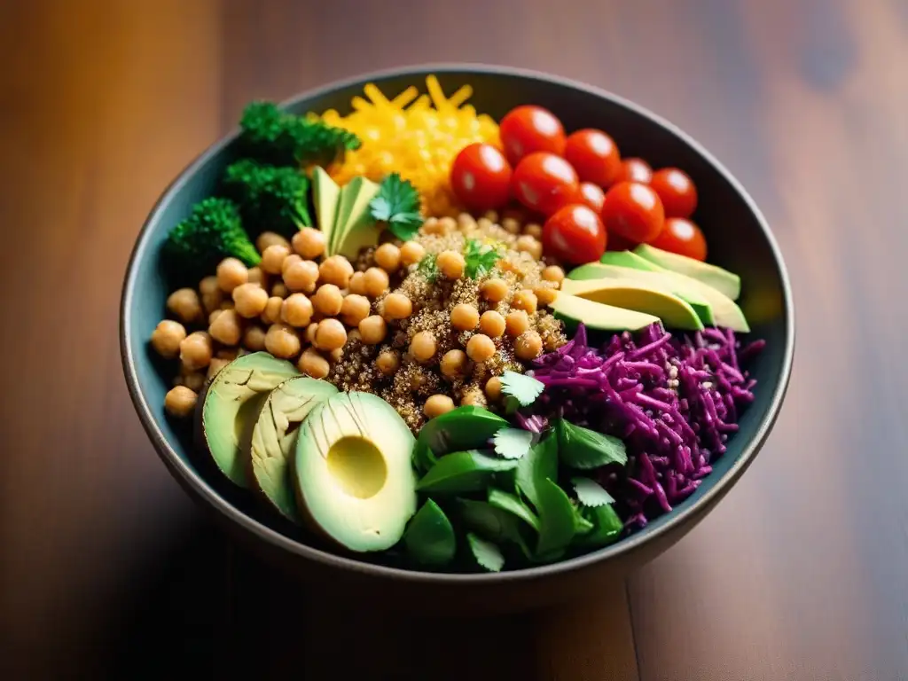 Un Buddha bowl vibrante y colorido con vegetales frescos, quinoa, garbanzos, aguacate y levadura nutricional