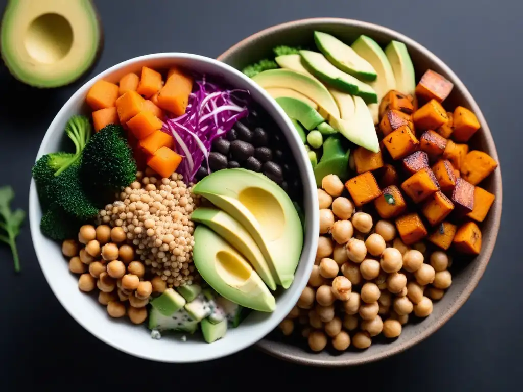 Un Buddha bowl vibrante y colorido con ingredientes frescos y creativos, ideal para recetas veganas sin gluten innovadoras