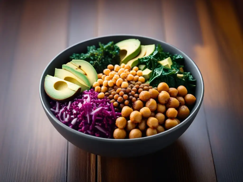 Un Buddha bowl vibrante y colorido con ingredientes veganos nutritivos como quinoa, aguacate, garbanzos y aderezo sin aceite, sobre una mesa de madera