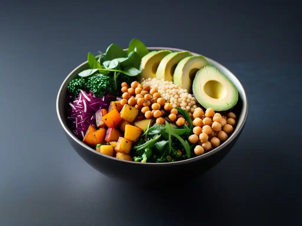 Un Buddha bowl vibrante y colorido con ingredientes veganos frescos y nutritivos