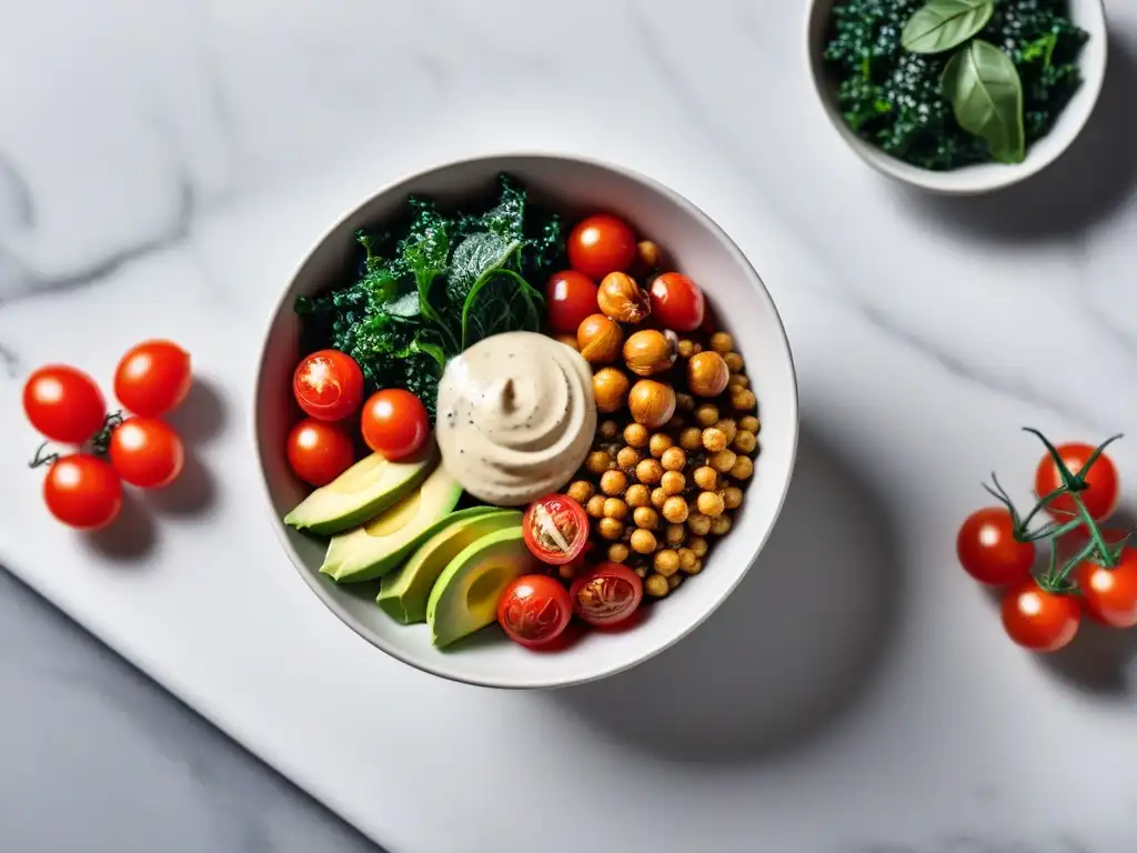 Un Buddha bowl vibrante y colorido con ingredientes saludables, sobre una encimera de mármol con utensilios de cocina modernos