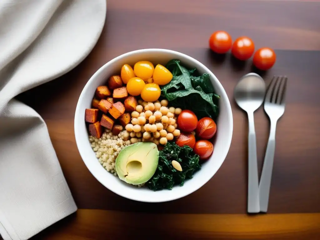 Un Buddha bowl vibrante y colorido sobre una mesa de madera moderna, perfecto para recetas veganas para perder peso