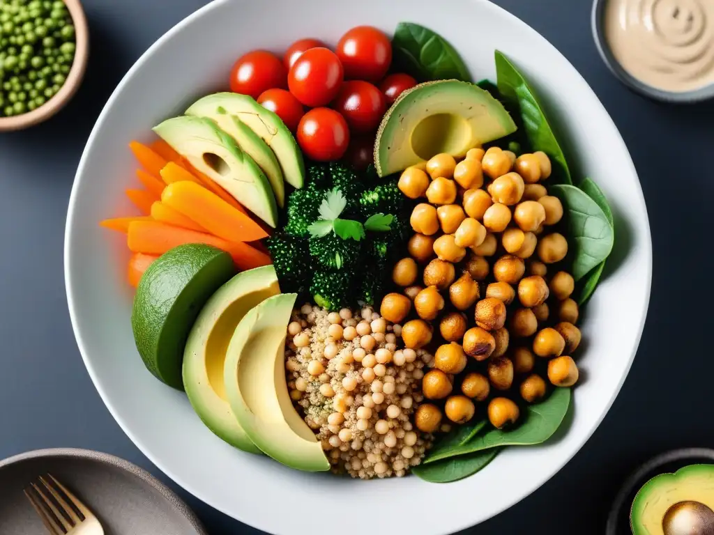 Un Buddha bowl vibrante y colorido con ingredientes frescos y saludables, ideal para Recetas veganas para perder peso