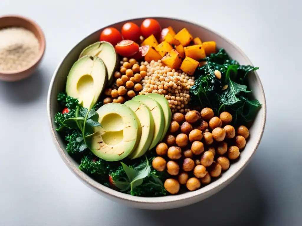 Un Buddha bowl vibrante y colorido con quinoa, batata, aguacate, tomates, garbanzos, kale y aderezo de tahini