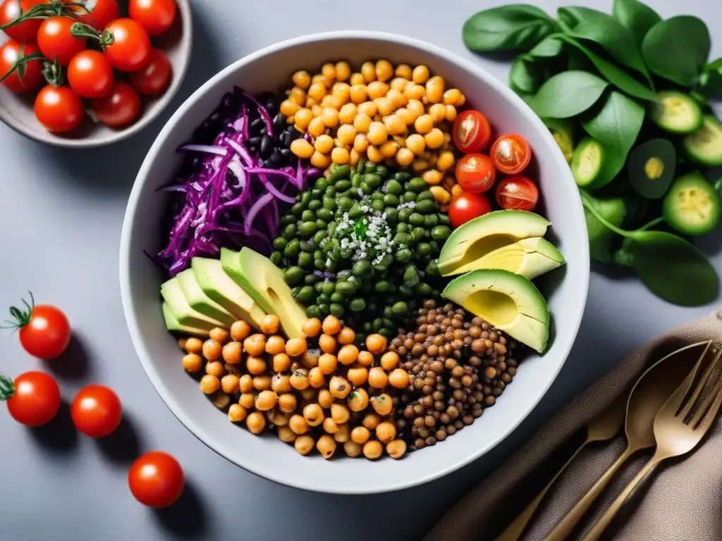 Un Buddha bowl vibrante y colorido con legumbres cocidas y vegetales frescos