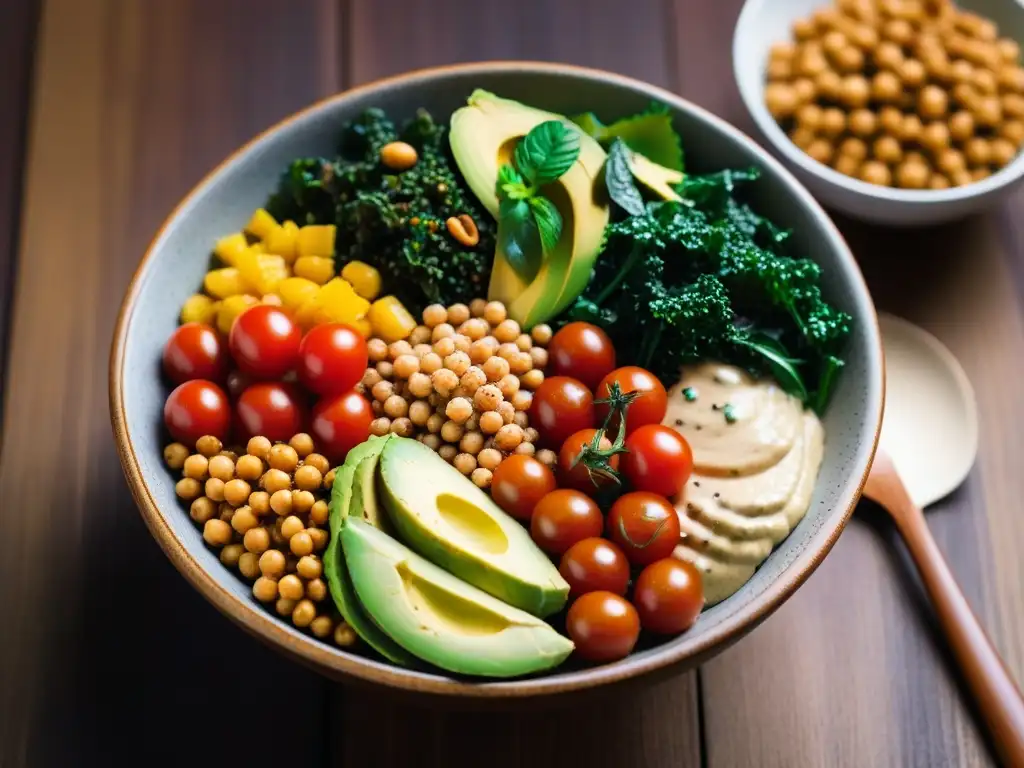 Un Buddha bowl vibrante y detallado con ingredientes coloridos y nutritivos, perfecto para recetas veganas para perder peso