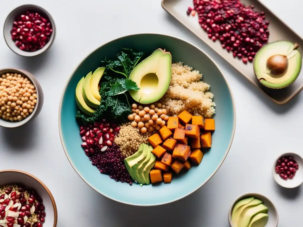 Un Buddha bowl vibrante y detallado con superfoods veganos en recetas tradicionales, una explosión de colores y texturas