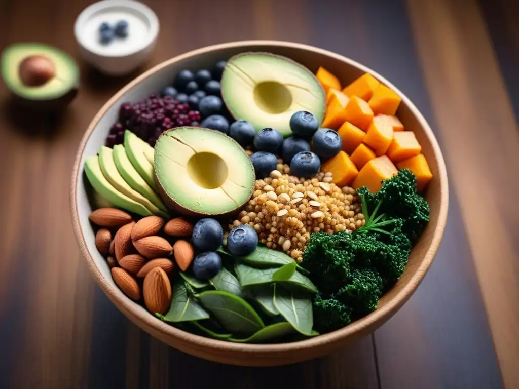 Un Buddha bowl vibrante y detallado con superalimentos veganos sin lácteos como quinoa, kale, aguacate, batata, arándanos y almendras, en una presentación apetitosa sobre una mesa de madera moderna con iluminación natural suave