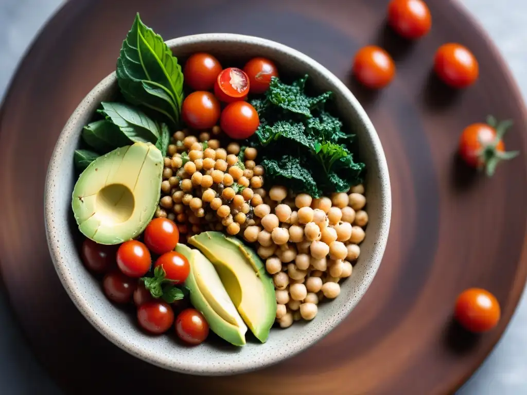 Un Buddha bowl vibrante con ingredientes orgánicos, perfecto para el Desafío 30 días yoga vegano