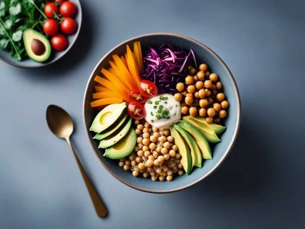 Un Buddha bowl vibrante con ingredientes coloridos y nutritivos, ideal para recetas veganas saludables rápidas día