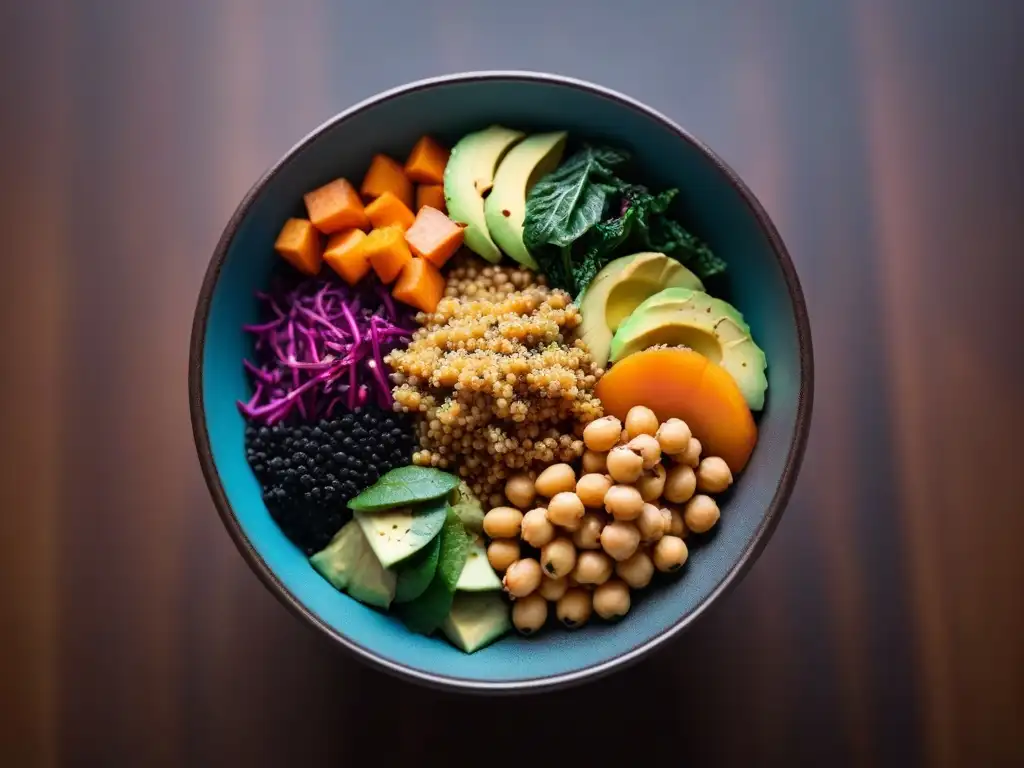 Un Buddha bowl vibrante con ingredientes veganos de la cocina global