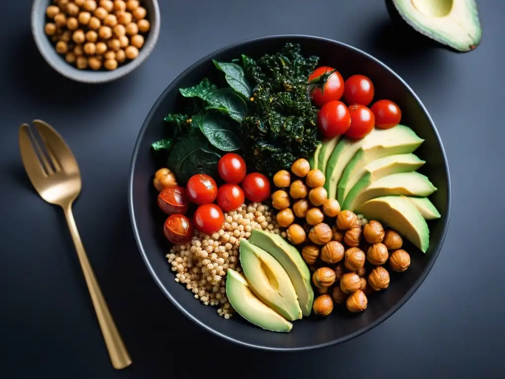 Un Buddha bowl vibrante con ingredientes veganos frescos y coloridos, una opción satisfactoria para antojos de carne