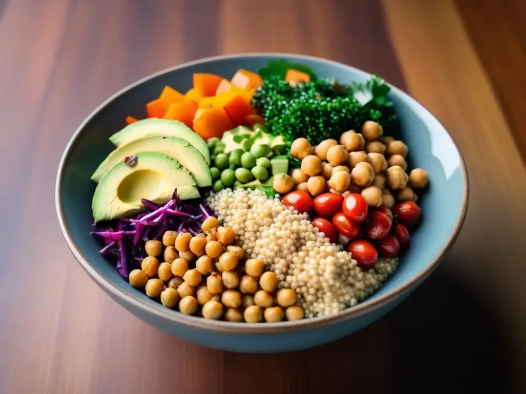 Un Buddha bowl vibrante con ingredientes veganos sin aceite en una presentación chic y moderna