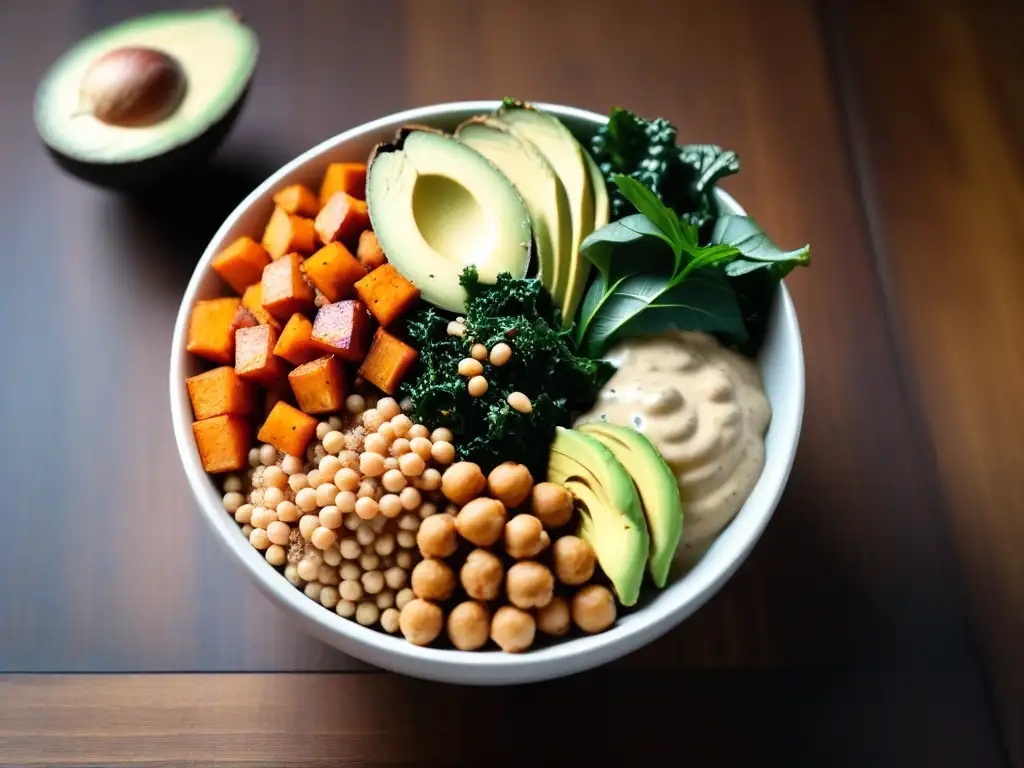 Un Buddha bowl vibrante con ingredientes veganos energéticos, como quinoa, batata, aguacate, garbanzos y aderezo de tahini