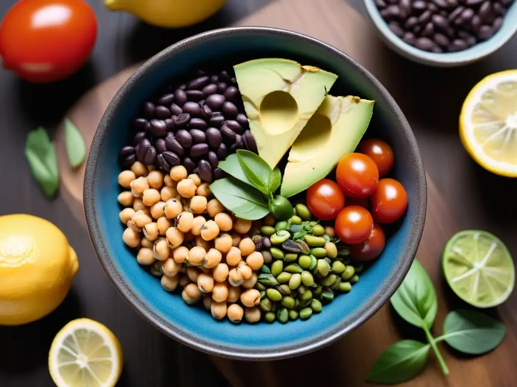 Un Buddha bowl vibrante con legumbres energizantes y coloridas, aguacate, tomates cherry y semillas de calabaza, en una mesa de madera