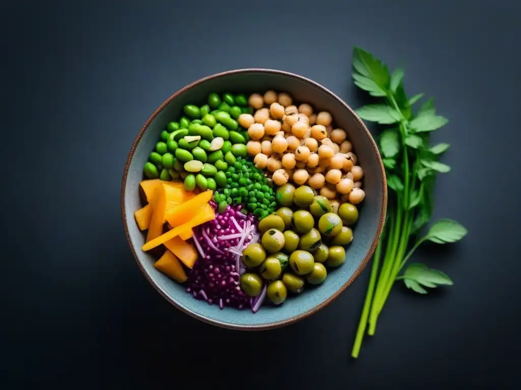 Un Buddha bowl vibrante y moderno con ingredientes veganos ricos en proteínas, sobre un fondo minimalista