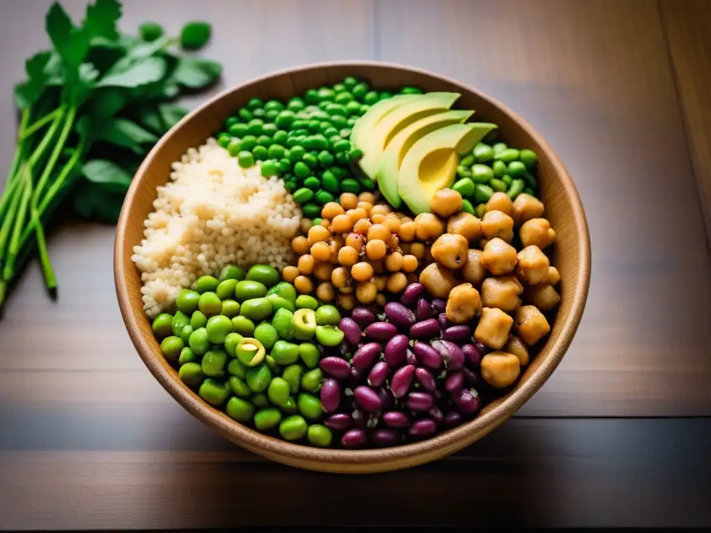 Un Buddha bowl vibrante y moderno con Proteínas verdes en cocina vegana: quinoa, garbanzos, tofu, edamame y aguacate, sobre mesa de madera