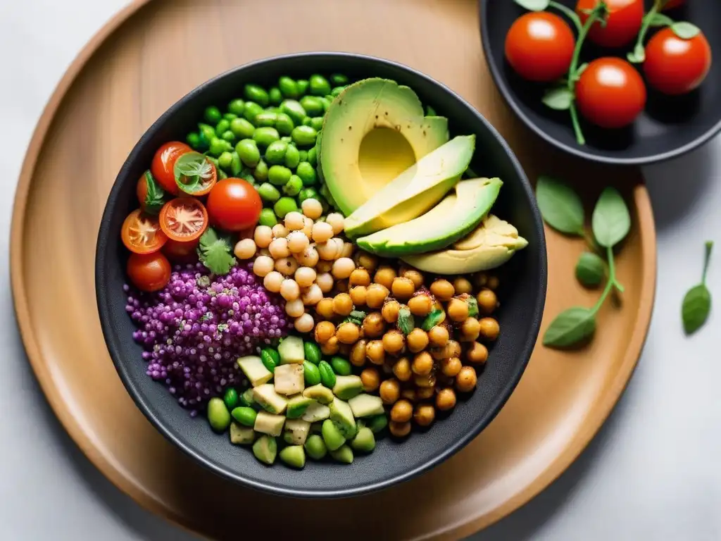 Un Buddha bowl vibrante y moderno con proteínas verdes en cocina vegana: quinoa, garbanzos, tofu y edamame, aguacate, tomates y aderezo de hierbas