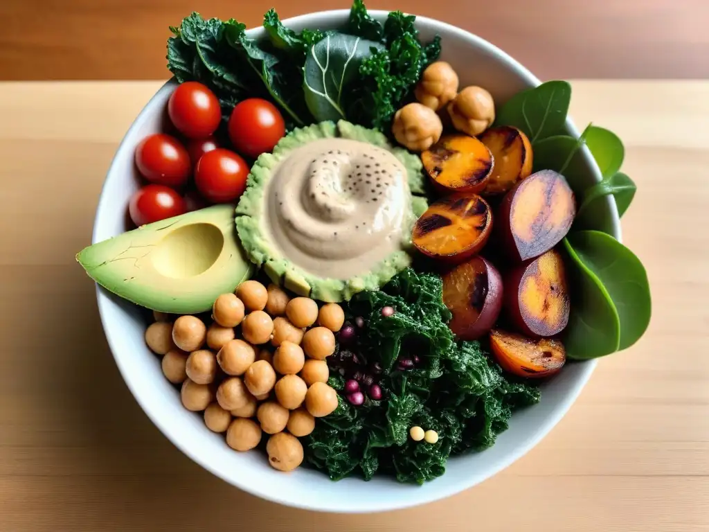 Un Buddha bowl vibrante y moderno con ingredientes frescos y coloridos, ideal para recetas veganas para perder peso