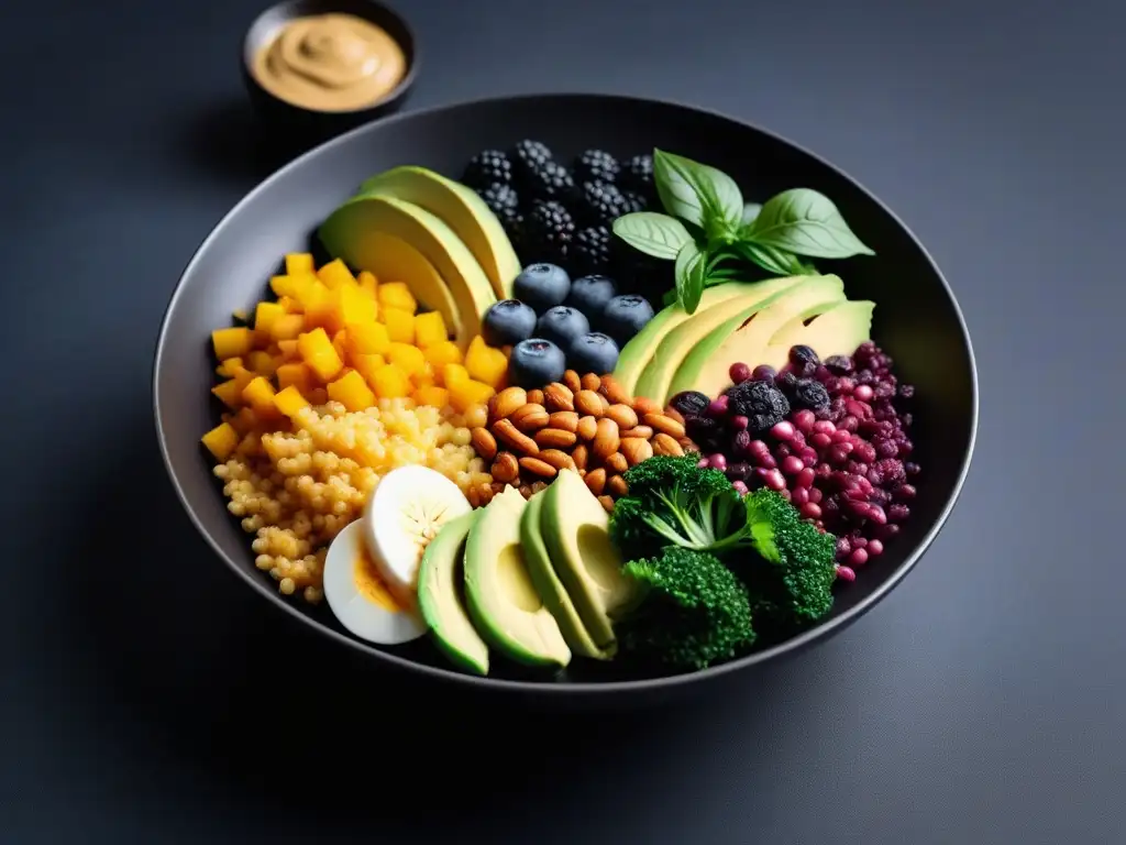 Un Buddha bowl vibrante y moderno con superfoods veganos en una dieta saludable y óptima