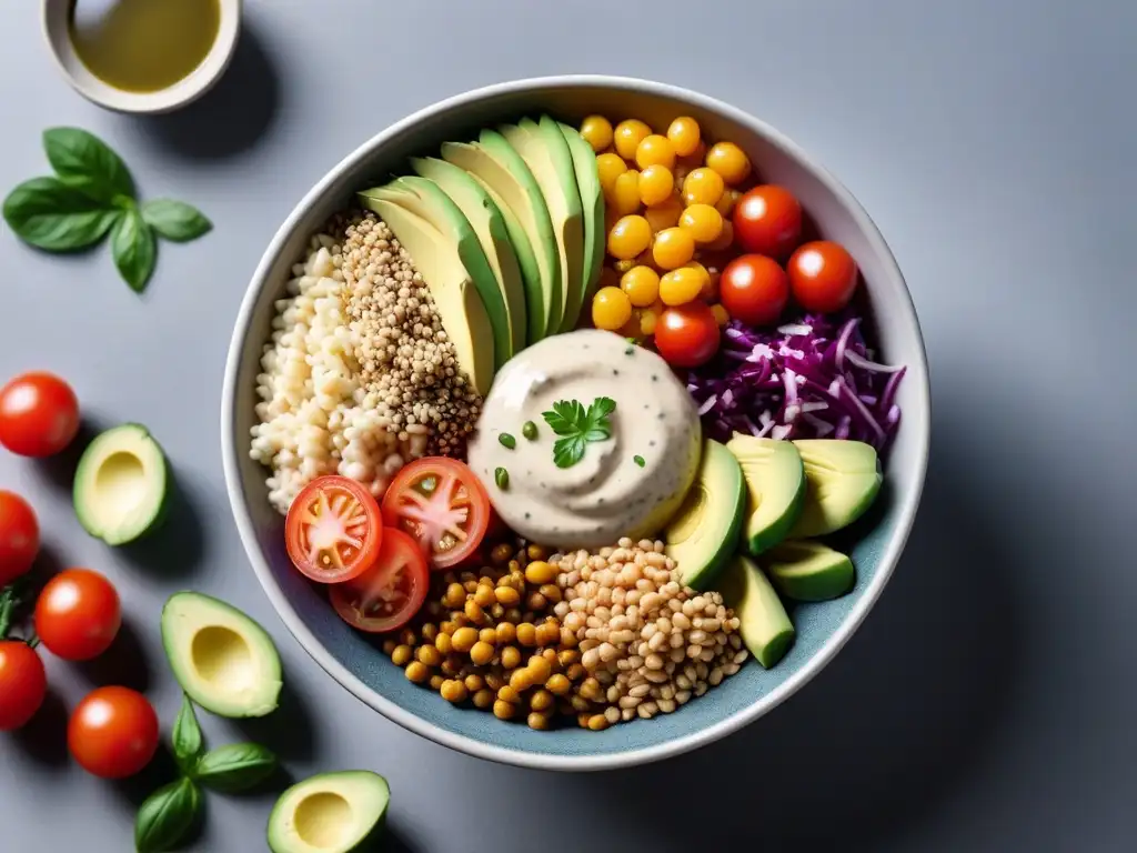 Un Buddha bowl vibrante y moderno con ingredientes frescos y coloridos, sobre una encimera de mármol