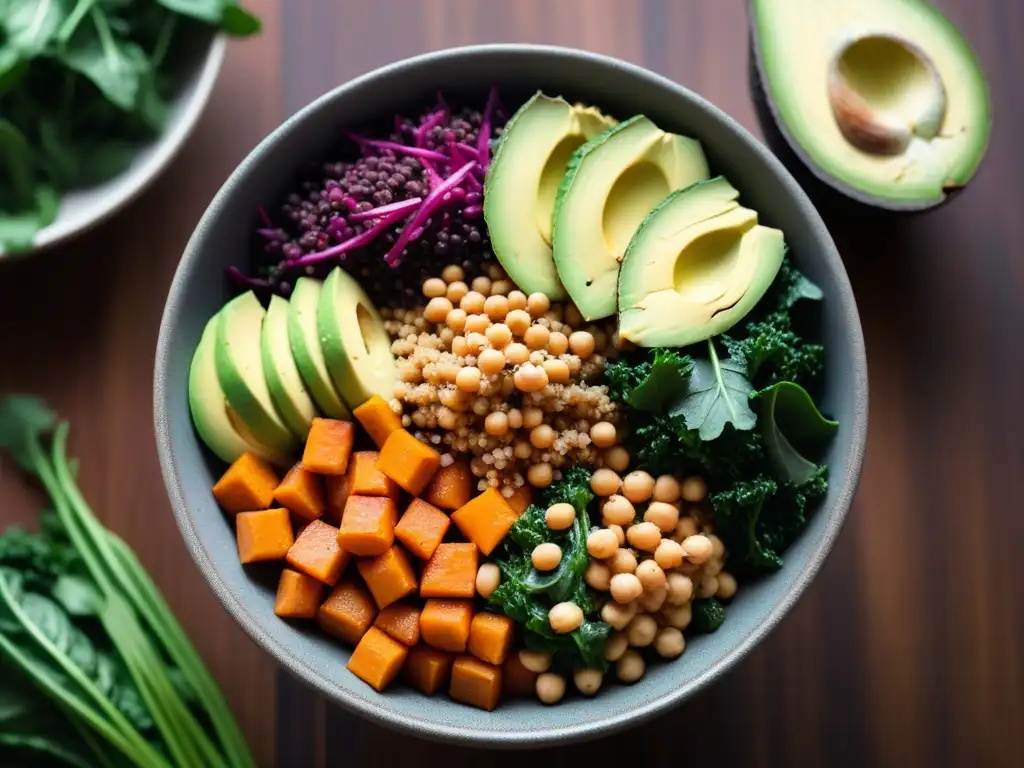 Un Buddha bowl vibrante y moderno con ingredientes veganos frescos y nutritivos, lleno de colores y texturas