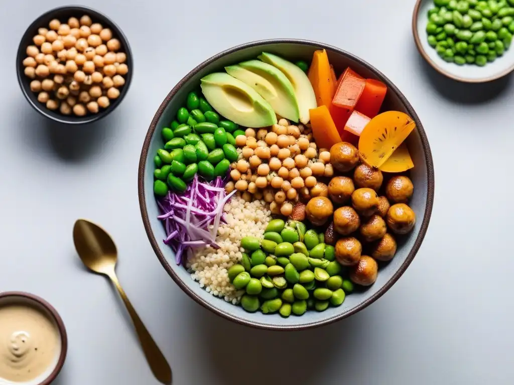 Un Buddha bowl vibrante con proteínas vegetales variadas y coloridas, destacando en una composición innovadora