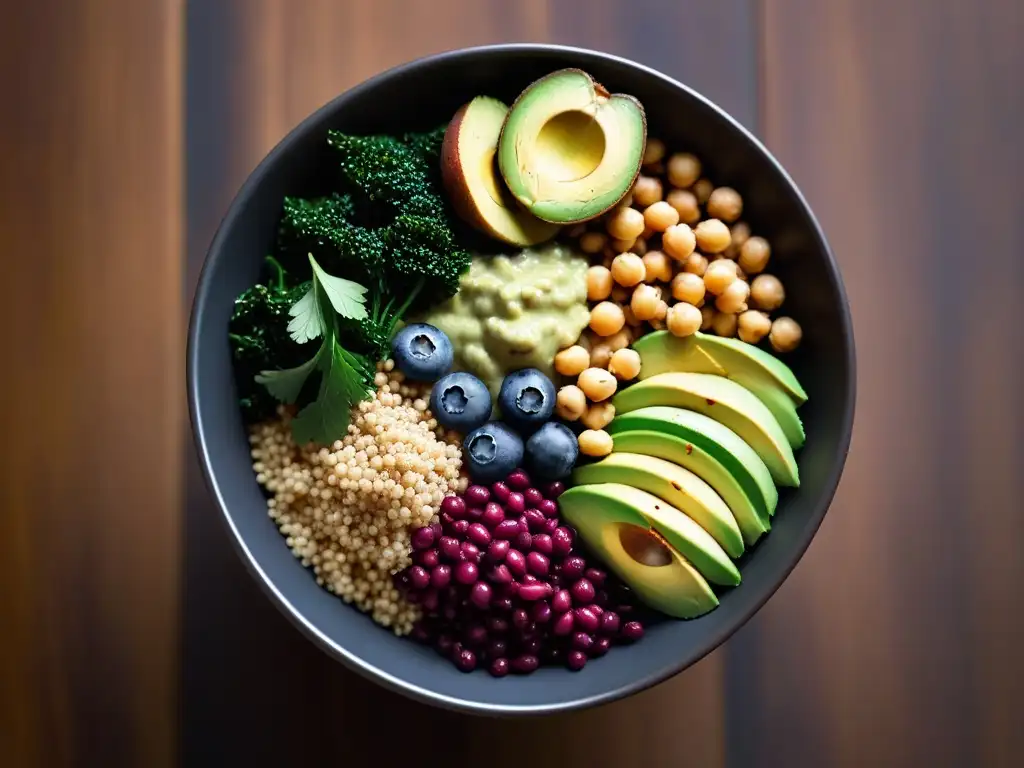 Un Buddha bowl vibrante con superalimentos veganos seleccionados adecuadamente, frescura y modernidad en cada ingrediente