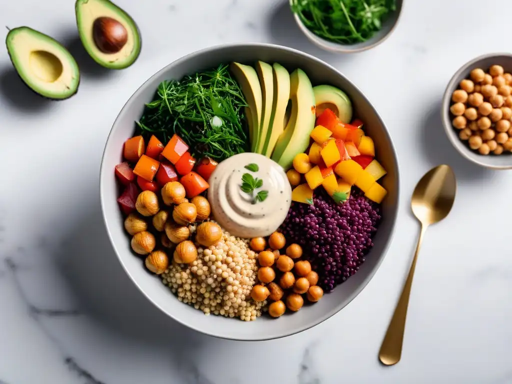 Un Buddha Bowl vibrante con quinoa, vegetales, aguacate, garbanzos y aderezo de tahini en encimera de mármol