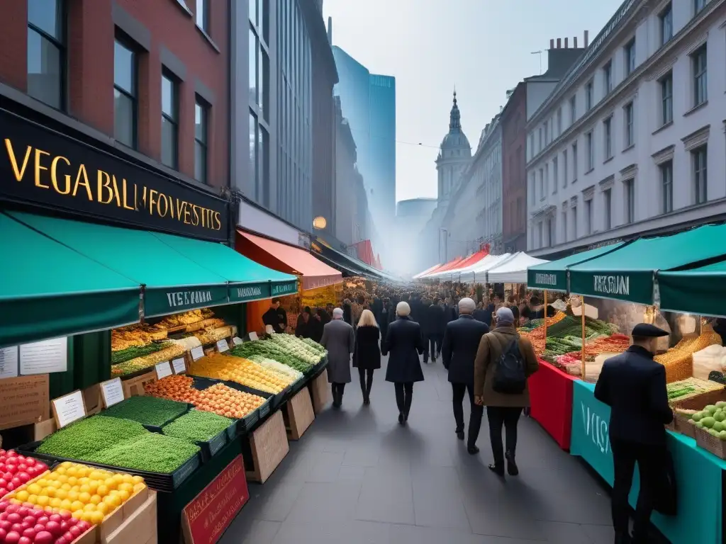 Una bulliciosa calle de la ciudad llena de mercados de alimentos vegetales vibrantes, atrayendo a consumidores intrigados