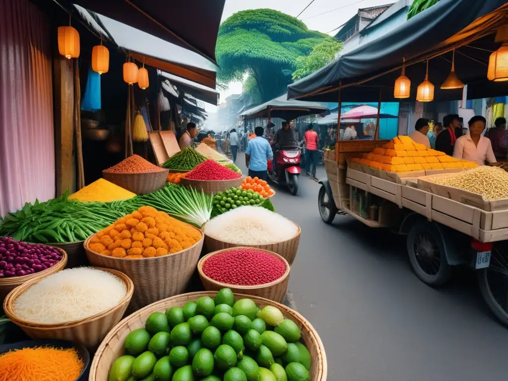 Una bulliciosa cocina vegana del sudeste asiático llena de frutas, verduras y vendedores locales en un mercado callejero de Bangkok