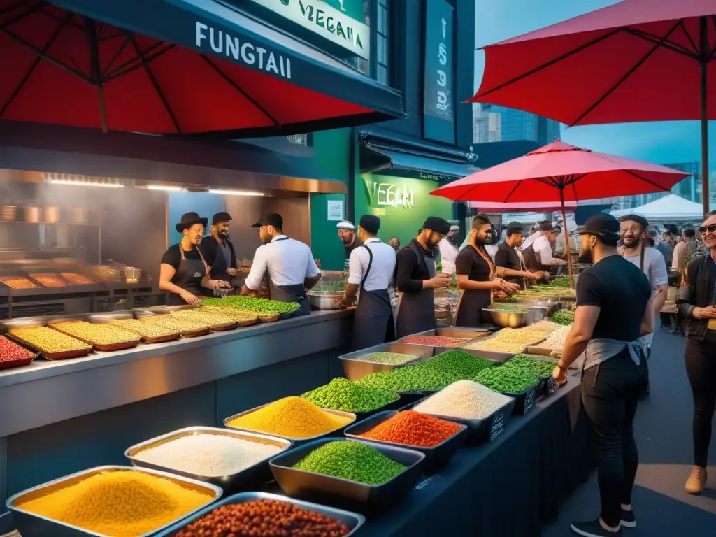 Una bulliciosa feria de comida vegana en Australia con platos coloridos y variados, reflejando la gastronomía vegana en Australia