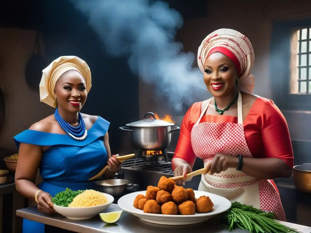 Un bullicioso y colorido cocinado nigeriano tradicional, preparando Akara, reflejando la alegría y la tradición culinaria