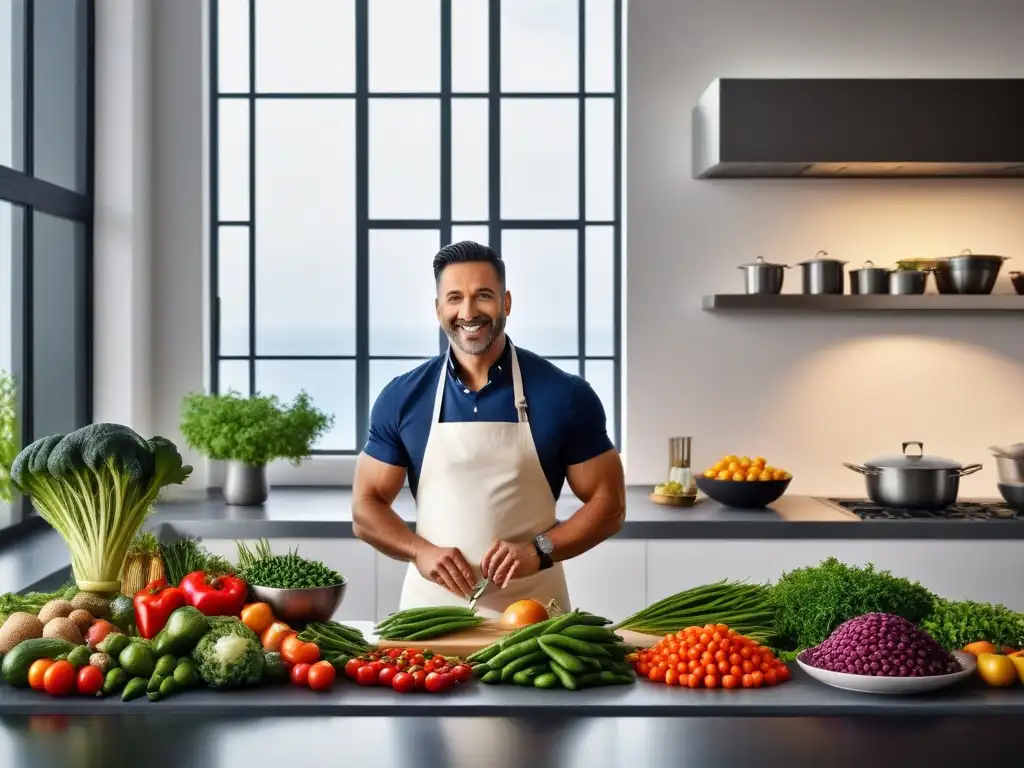 Un bullicioso y detallado escenario de cocina mediterránea con proteínas vegetales en preparación