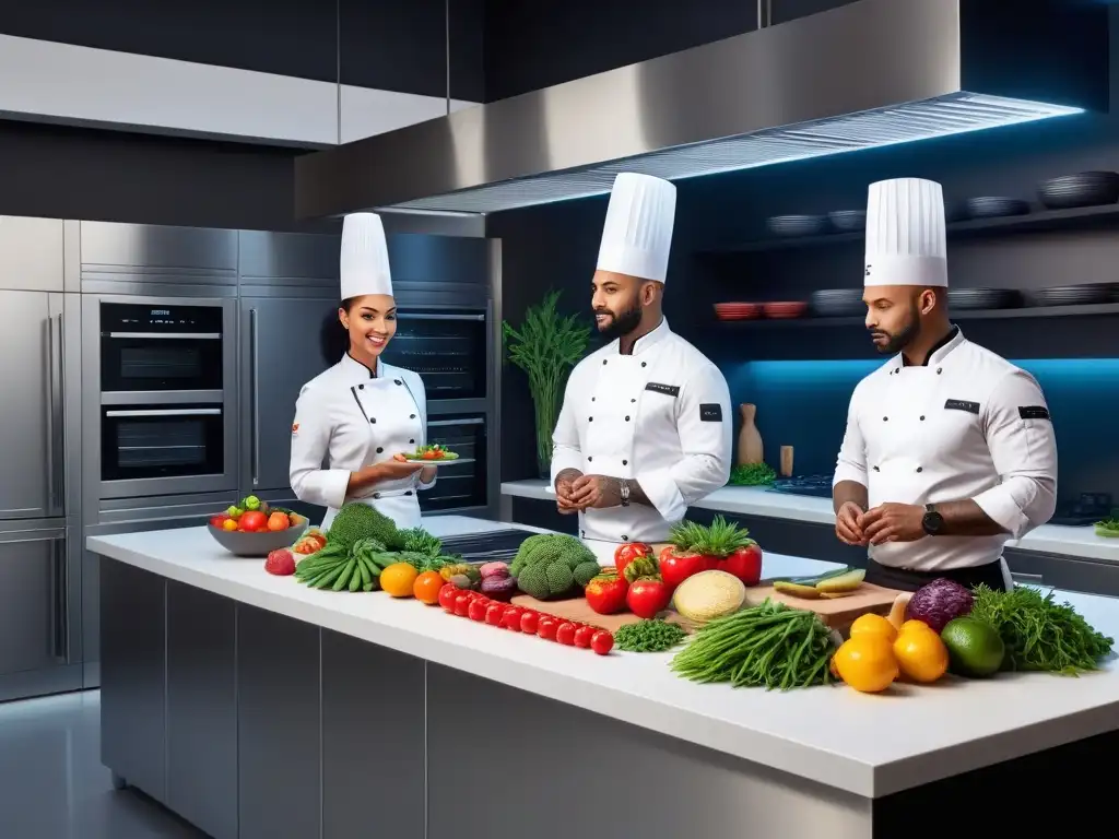 Un bullicioso escenario de cocina futurista con chefs diversos preparando platos veganos coloridos