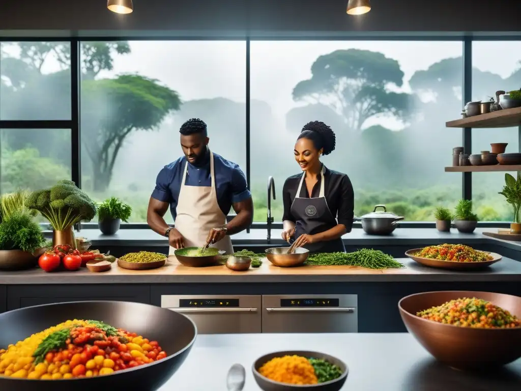 Un bullicioso escenario en una cocina vegana africana saludable, chefs preparando platos coloridos con alegría