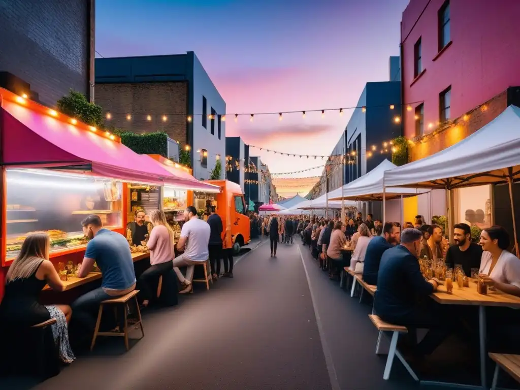 Un bullicioso escenario urbano en Melbourne, con food trucks veganos y gente diversa disfrutando de platos bajo luces