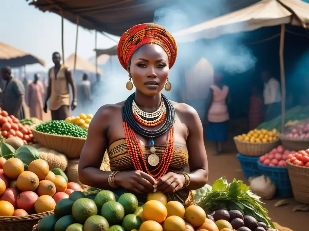 Bullicioso mercado africano con frutas frescas y verduras, mujeres negociando y niños jugando