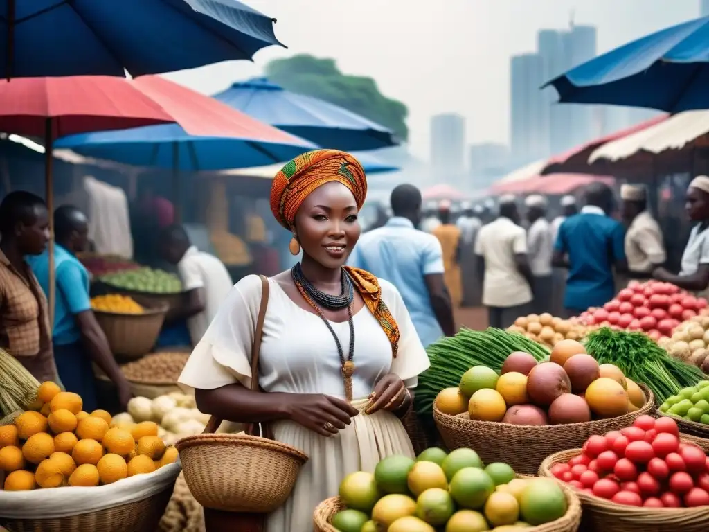 Un bullicioso mercado africano con frutas, verduras y granos, entre cestas y telas tradicionales