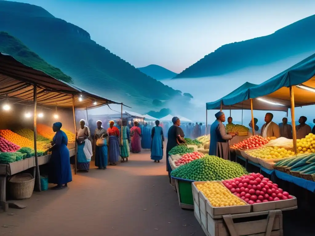 Un bullicioso mercado africano con frutas y verduras vibrantes, reflejando la autenticidad de la cocina vegana en África